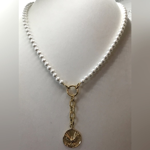 XIXI ADRIENNE HOUGHTON FAUX PEARL STRAND GOLDTONE DOVE LARIAT NECKLACE TOGGLE - Picture 1 of 4